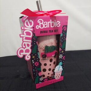 NEW Barbie Boba Tea Set Glass Tumbler w/Metal Straw Strawberry Tea Mix w/Boba‎